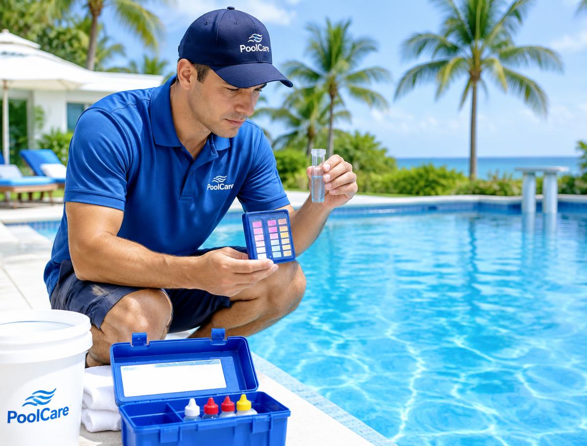 Technician testing pool water