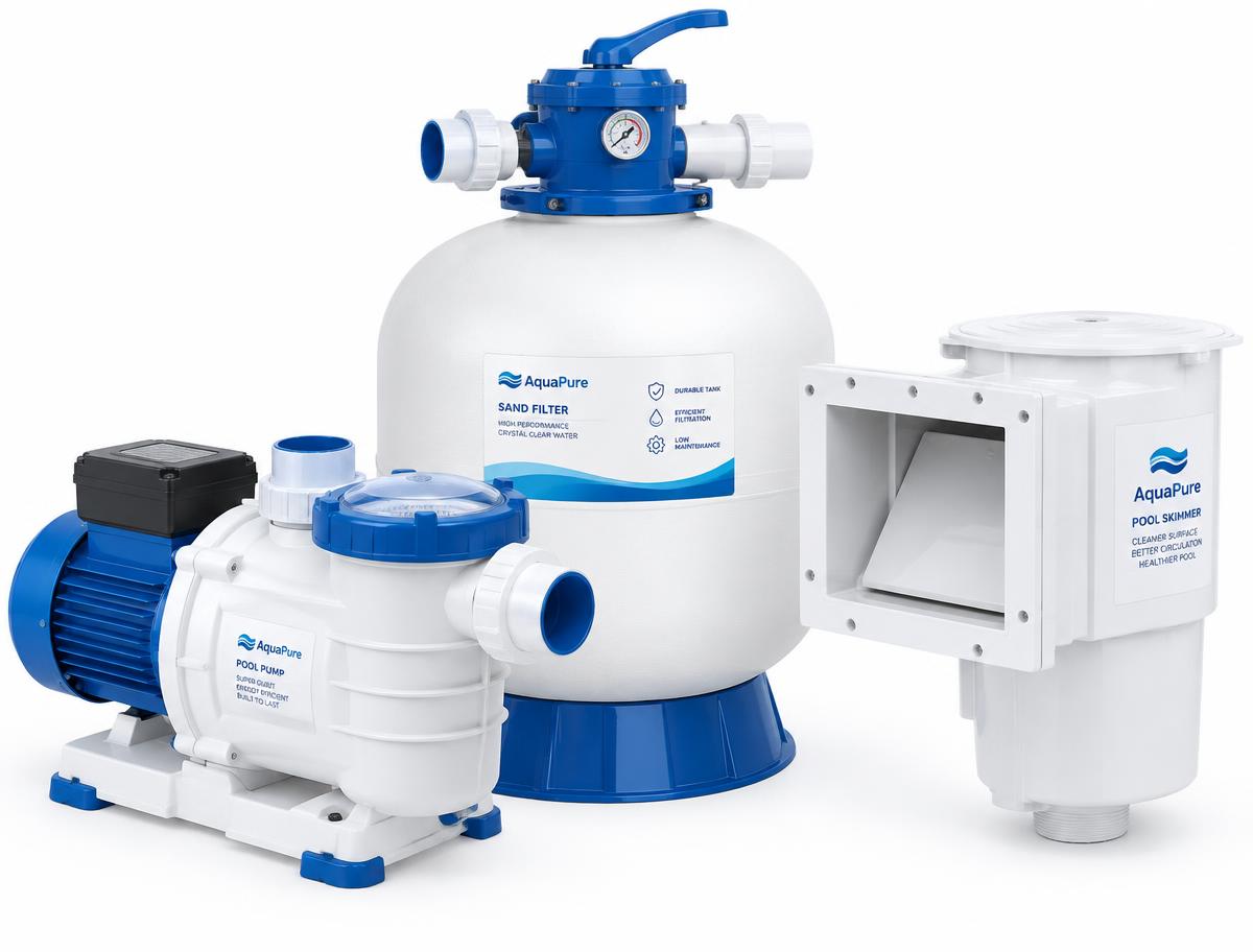 Pool pump, filter and skimmer